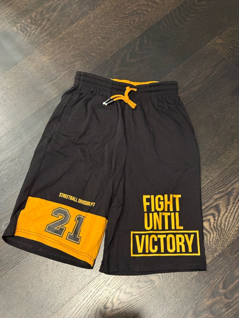 Boys Black & Yellow 'Fight Until Victory' Athletic Shorts : play today 12